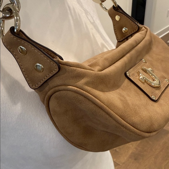 True Religion Shoulder Mini Purse Faux Faux Leather Suede Feel Camel Gold Tones - Picture 5 of 16